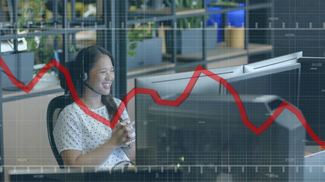 사무실에 있는 아시아 사업가 여성에 대한 금융 데이터 처리 애니메이션