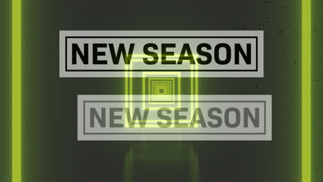 animation of new season text over yellow geometrical shapes on dark background