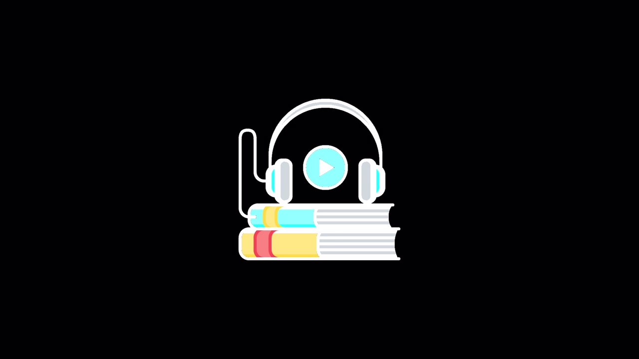 Icono animado de auriculares descansando sobre una pila de libros