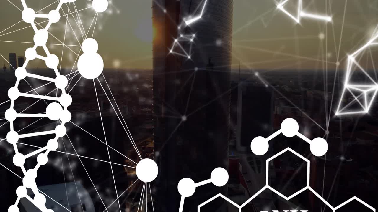 animación de adn y estructuras químicas con red de conexiones sobre vista aérea del paisaje urbano