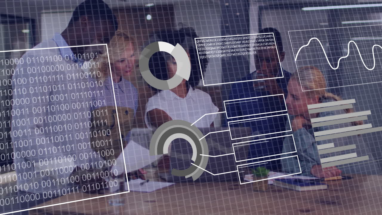 animación de diagramas y procesamiento de datos sobre diversos colegas que discuten el trabajo en la oficina