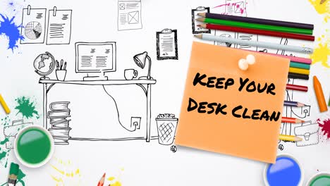 animación de mantener su escritorio limpio texto sobre el dibujo de la oficina