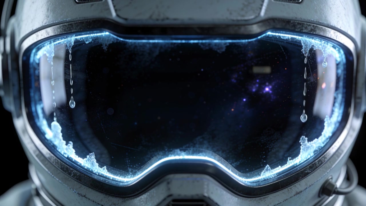 Visiera interna del casco che si raffredda, formando perle di brina che si alzano nell'abitacolo, con bordo blu, stella viola e porta destra.
