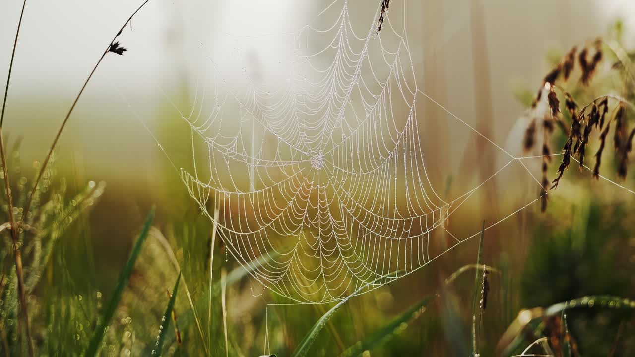 August morning, dew covered spiderweb reflects fragility, calm, rhythm of life