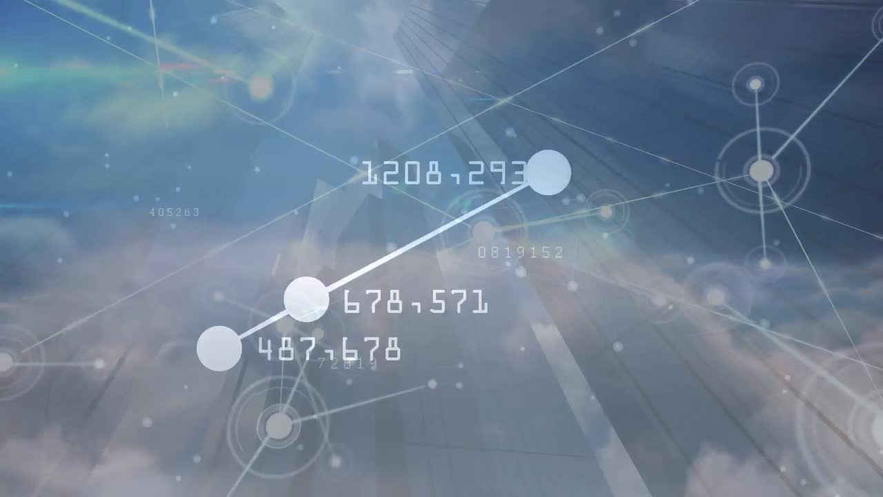 연결 네트워크의 애니메이션과 구름이 있는 하늘 위의 다양한 데이터