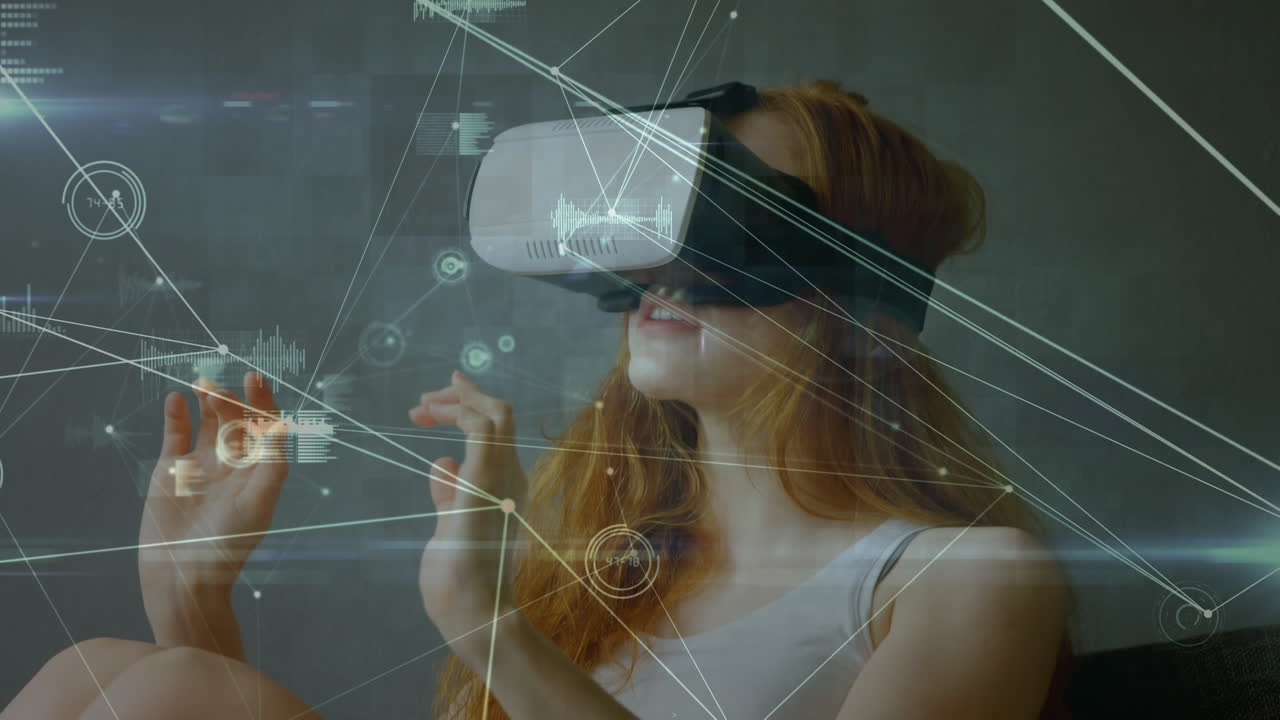 Animation of network of connections over caucasian woman wearing vr headset