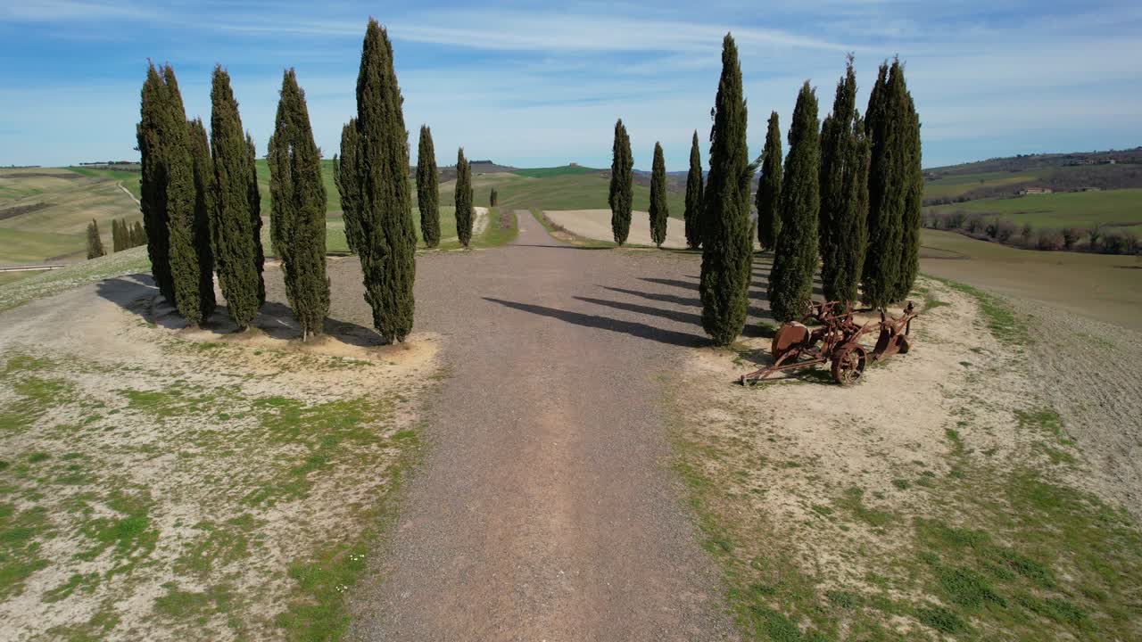 토스카니의 산 리코 드 오르시아 근처에 있는 사이프러스 나무 집단, 이탈리아의 드 오르시아 (val d'orcia) 에 있는 사이프라스 링 (cypress ring) 의 공중 사진