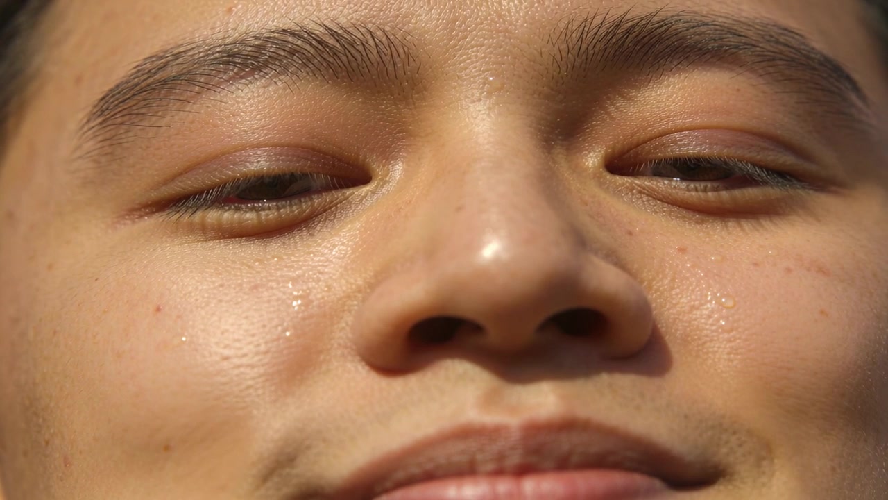 Kneifendes männliches Gesicht blinzelt und entspannt sich zu einem Lächeln im Freien vor hellem Sonnenlicht, Nahaufnahme.