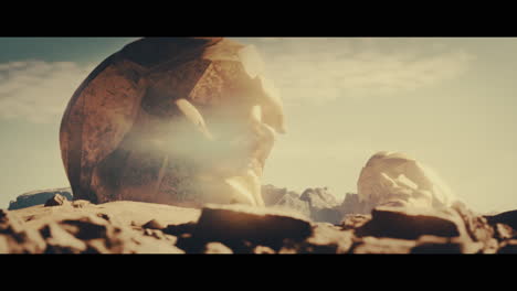 huge golden statues in the desert during sunset