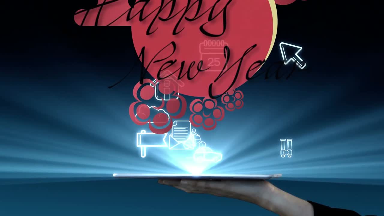 animación de texto de feliz año nuevo sobre iconos de negocios.