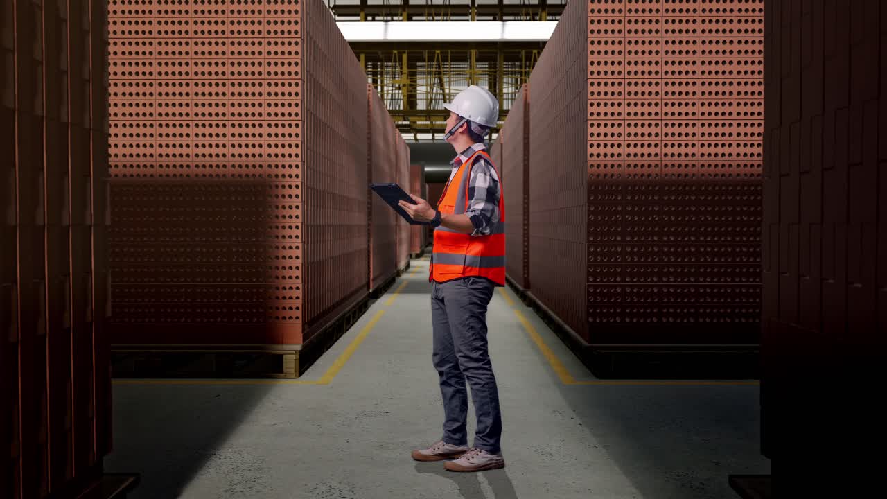 Full Body Side View Of Asian Male Engineer With Safety Helmet Looking At The Tablet In His Hand And Looking Around While Standing With Red Brick Packed in Stacks Are Stored