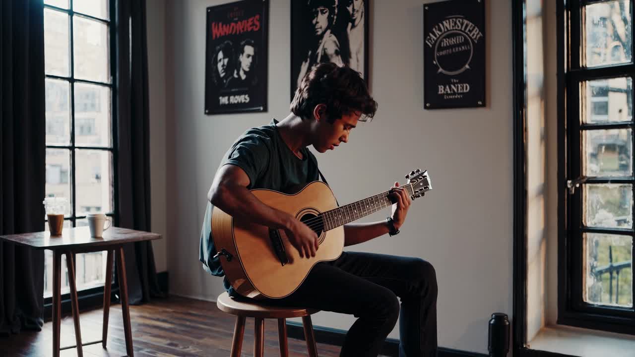 Giovane che suona la chitarra acustica in casa