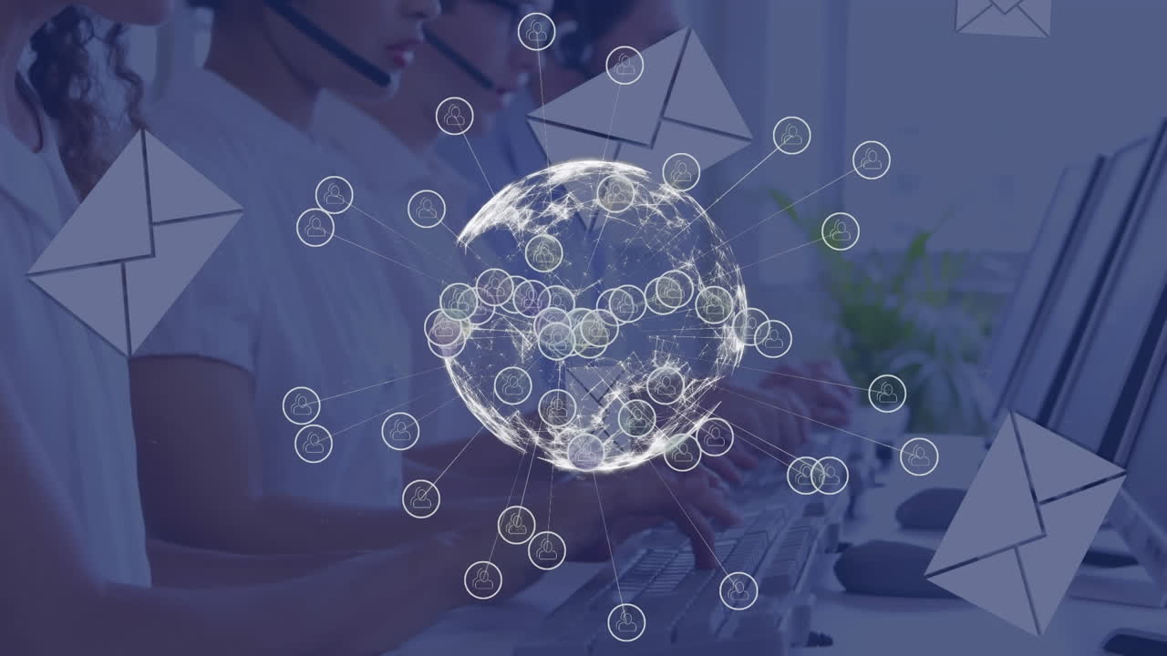 animación del globo sobre la gente de negocios usando auriculares de teléfono