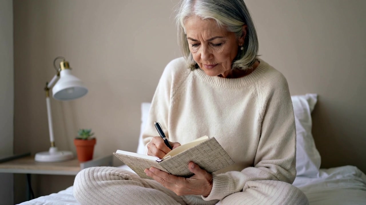 Una donna anziana controlla un quaderno, posa la penna e scrive un diario sul letto con una lampada, indossando un maglione color crema.