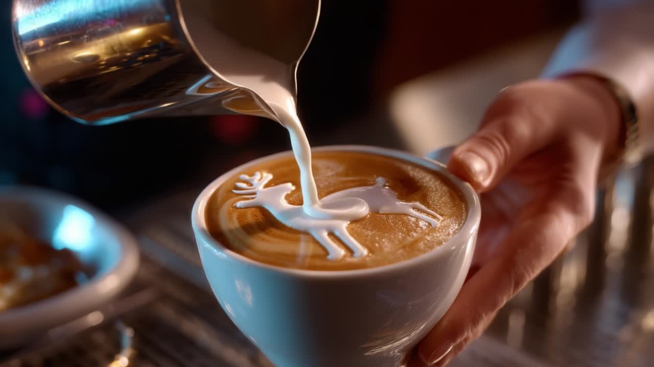 A skilled barista pours steamed milk into a cup of coffee, creating an intricate reindeer latte art design that showcases the artistry and creativity involved in making visually stunning coffee beverages