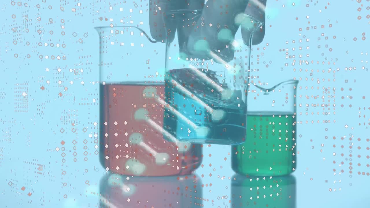 액체로 가득 찬 컵을 들고 있는 절단된 손에 대한 추상적인 패턴 위의 dna 나선의 애니메이션