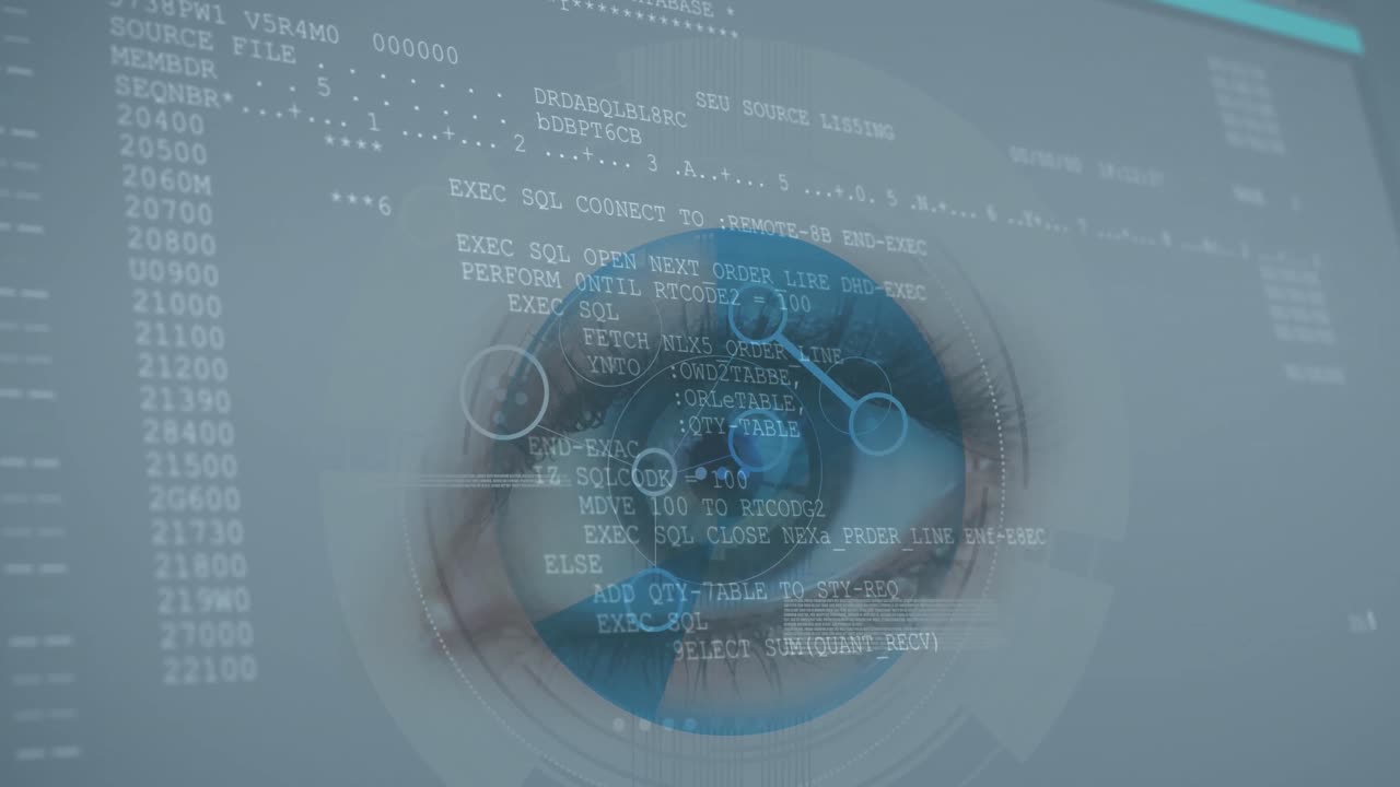 Animation of scope scanning woman's green eye with fast scrolling digital information