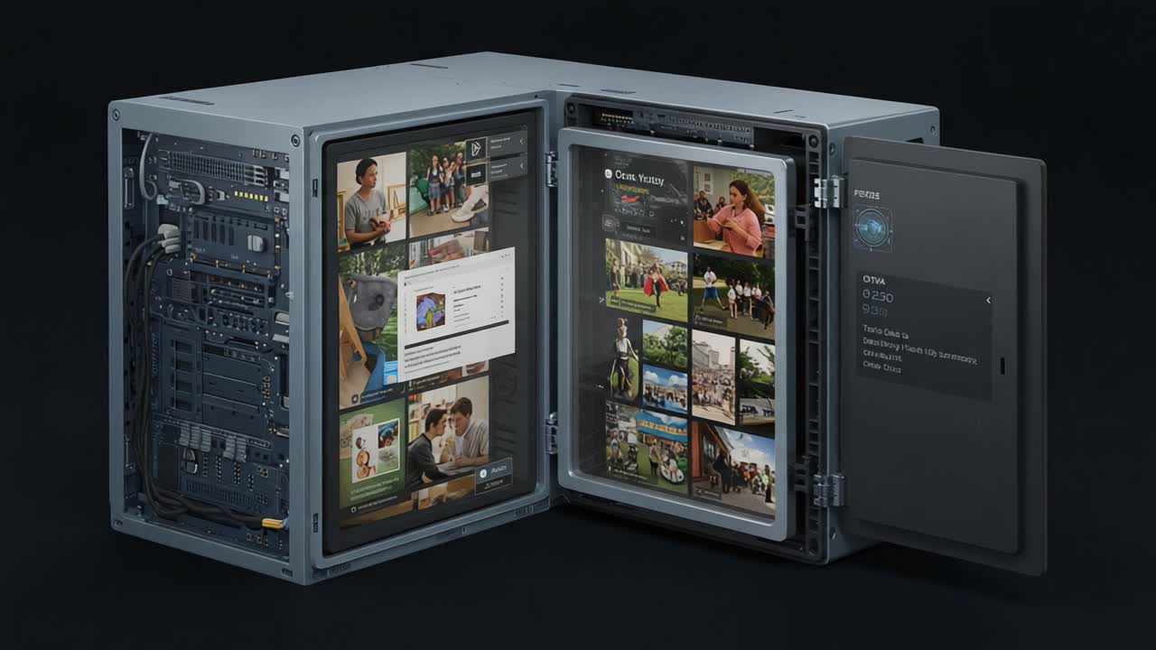 Showcasing a High-Performance Multimedia Workstation with Dual Screens Displaying Dynamic Content and Engaging User Interfaces in a Sleek, Open Design