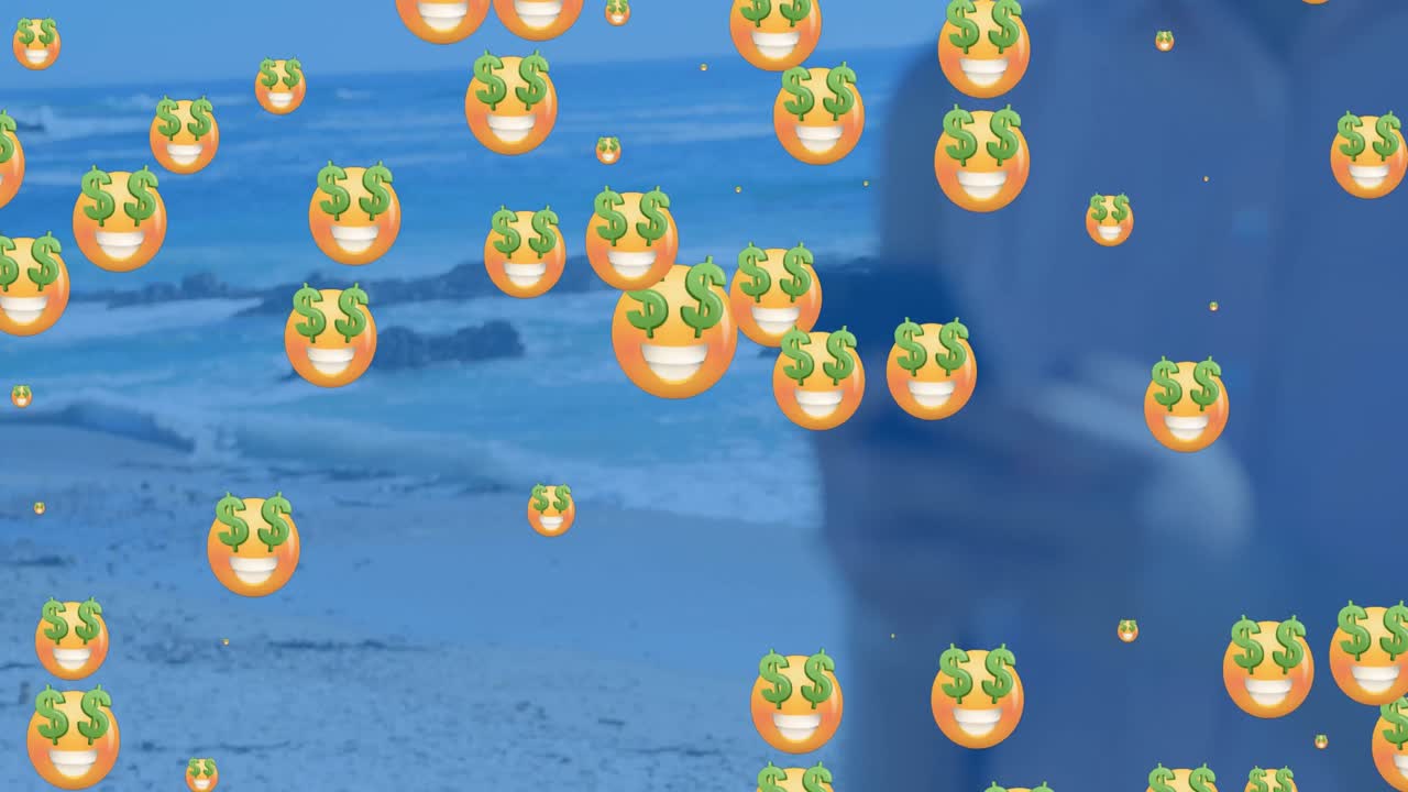 스마트 폰을 사용하는 사람 위에 떨어지는 소셜 미디어 아이콘의 애니메이션