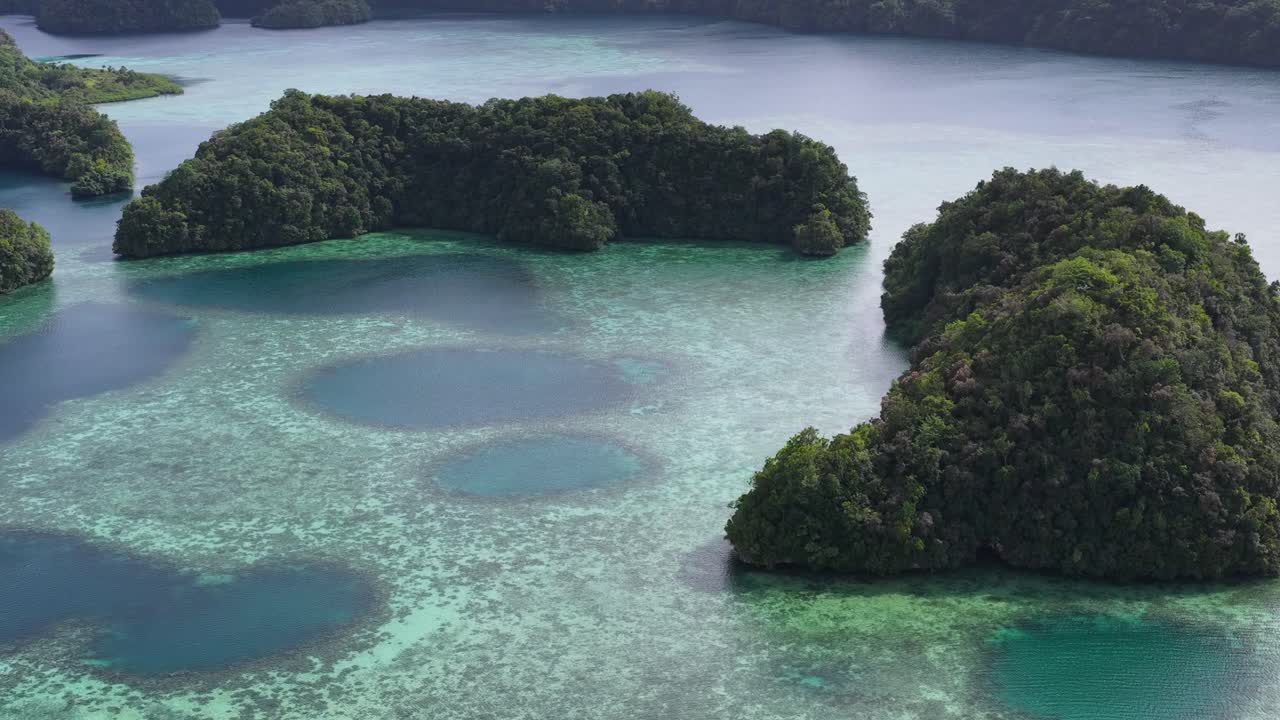 Droneopptak viser grønne kalksteinsøyer omgitt av klart turkis vann og livlige korallrev