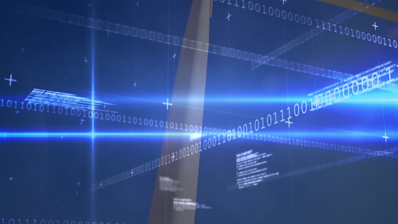 카우카스인과 풍력 터빈 위의 데이터 처리 및 빛 트레일의 애니메이션