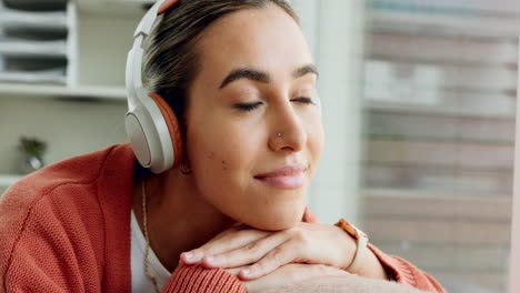 woman, face and headphones listening to music