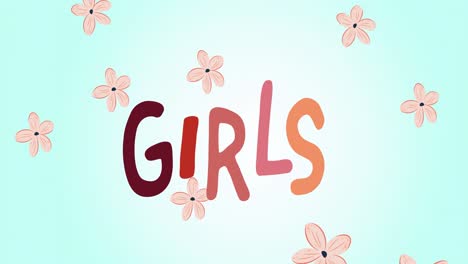 animation of girls text, over flying pink heart