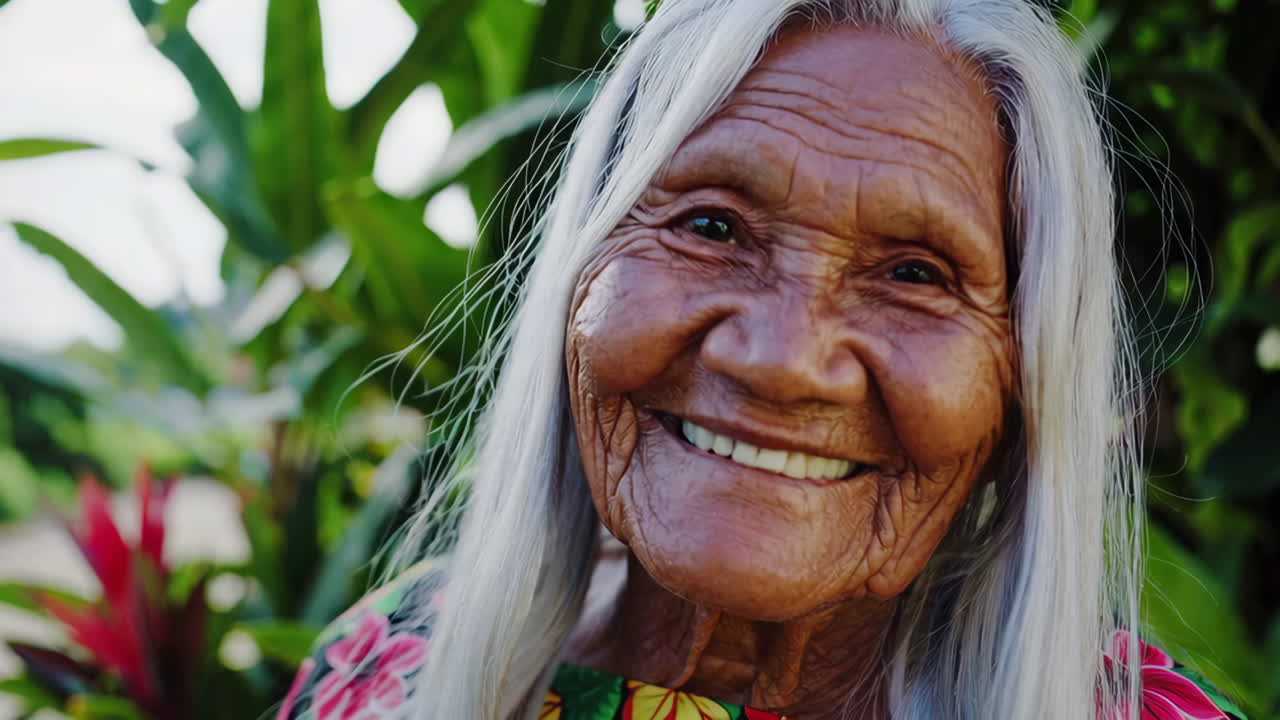 열대 정원에서 미소 짓는 노인 여성의 초상화