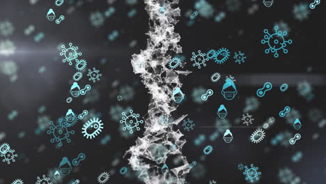 dna and coronavirus logo animation over black background.