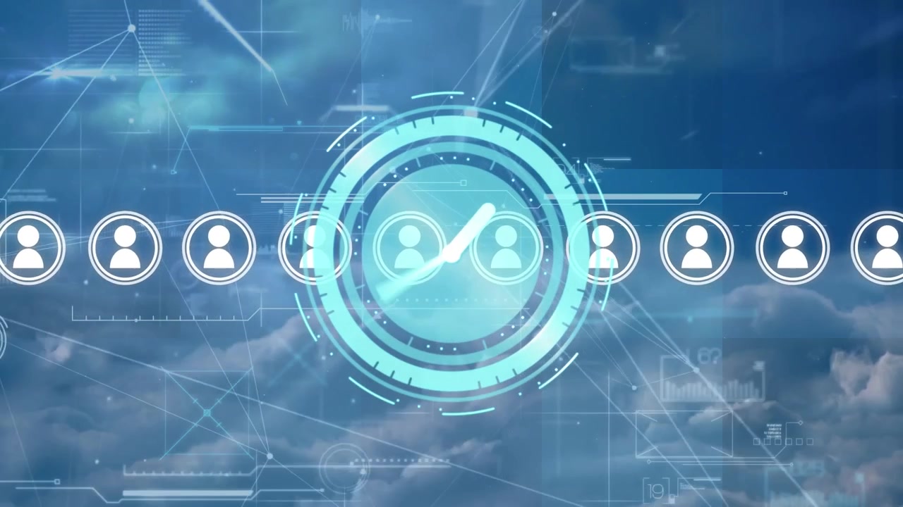 Animation of clock moving over icons, connections and sky