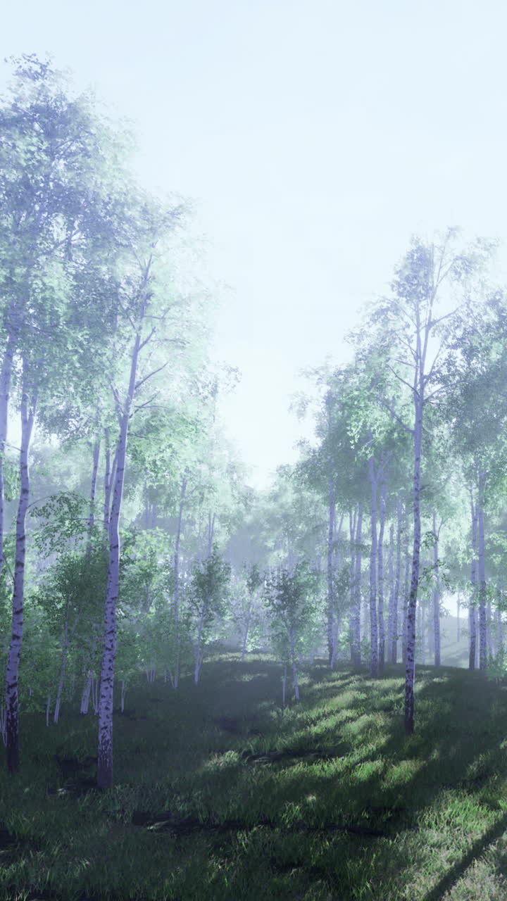 Sunlight filters through a serene forest of vibrant green trees in morning glow