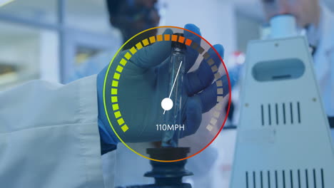 Animation-of-data-processing-with-speedometer-over-male-scientist