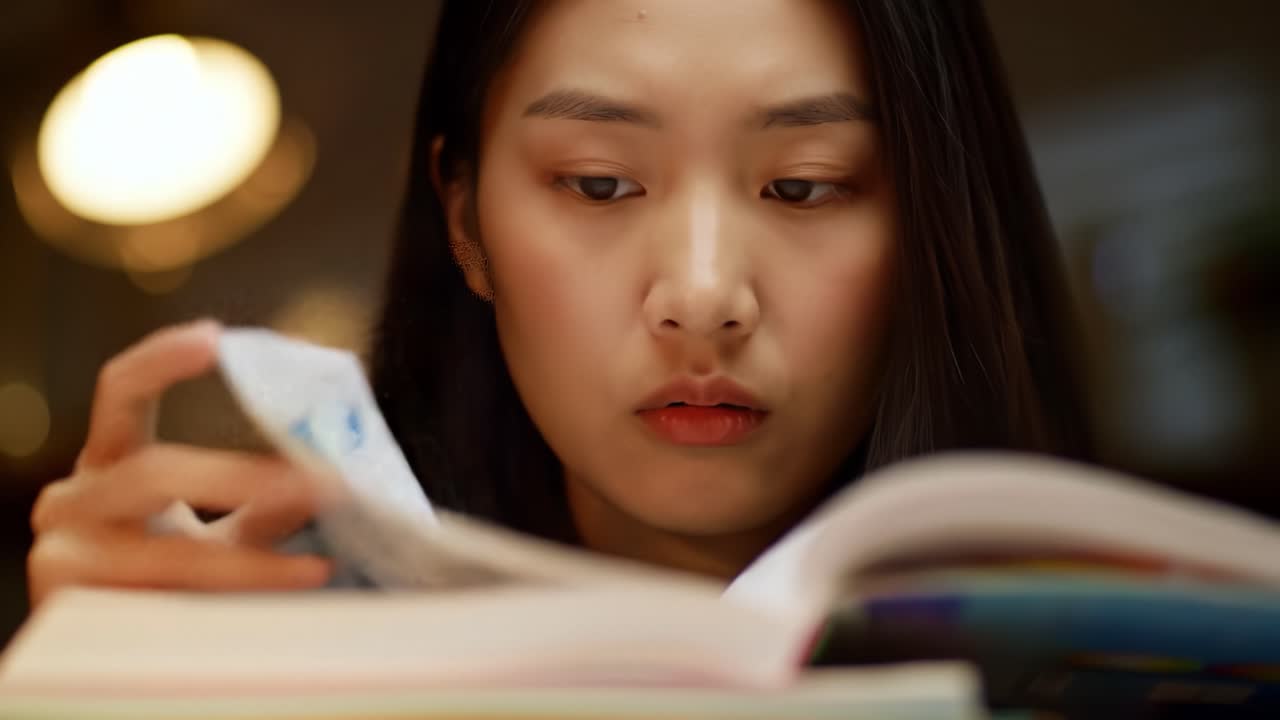 In a warm cafe setting during the evening, a young woman focuses on her studies, flipping through a book filled with colorful graphs and charts.