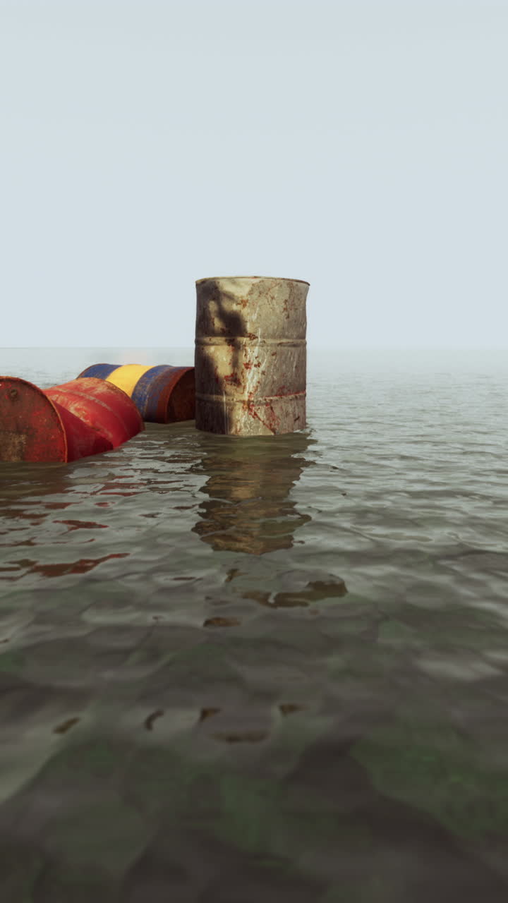 barriles de petróleo oxidados flotando en el agua
