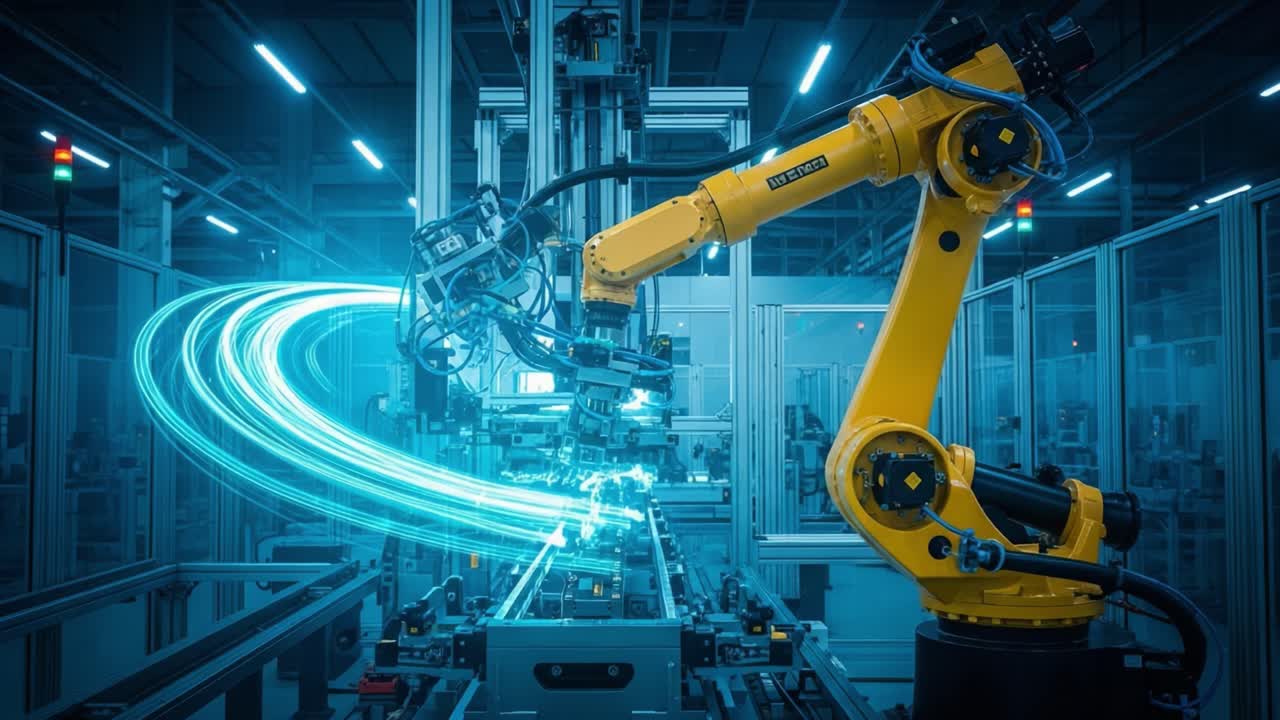 An Advanced Industrial Robot Arm Operating in a High-Tech Manufacturing Facility, Demonstrating Precision and Efficiency in Automated Production Processes.