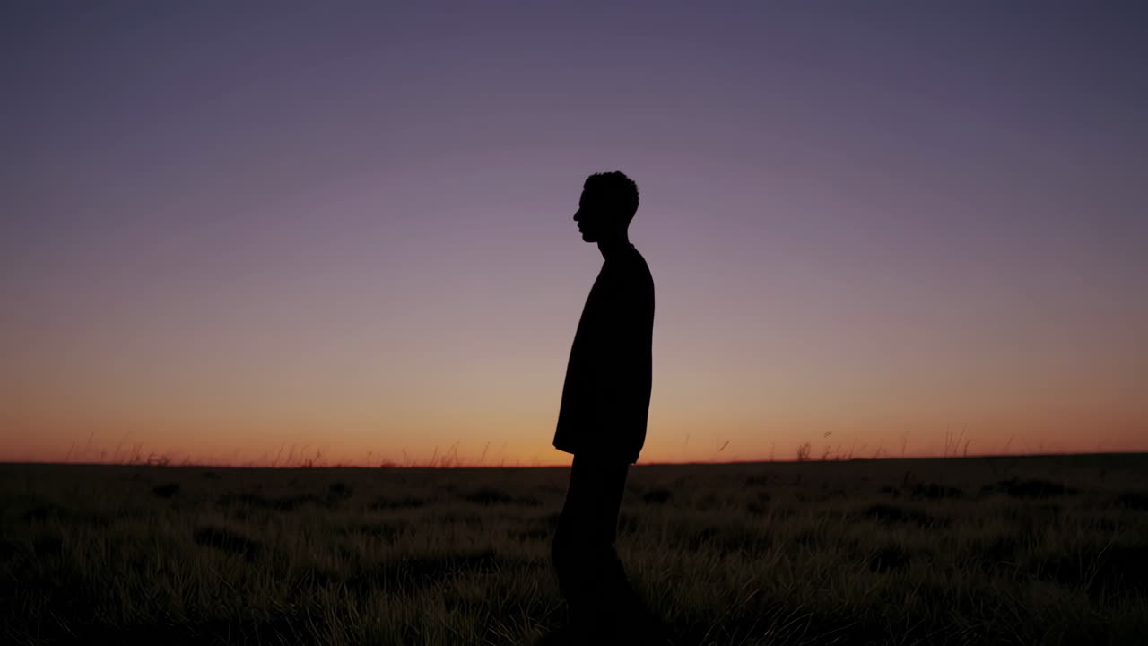 Silhouette of a person walking at sunset