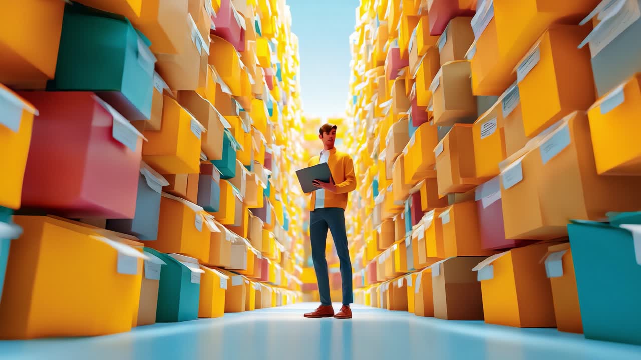 A Person Standing in a Colorful Archive or Storage Room Surrounded by Neatly Organized Boxes, Deep in Thought or Planning, Wondering About the Valuable Information Within Each Folder