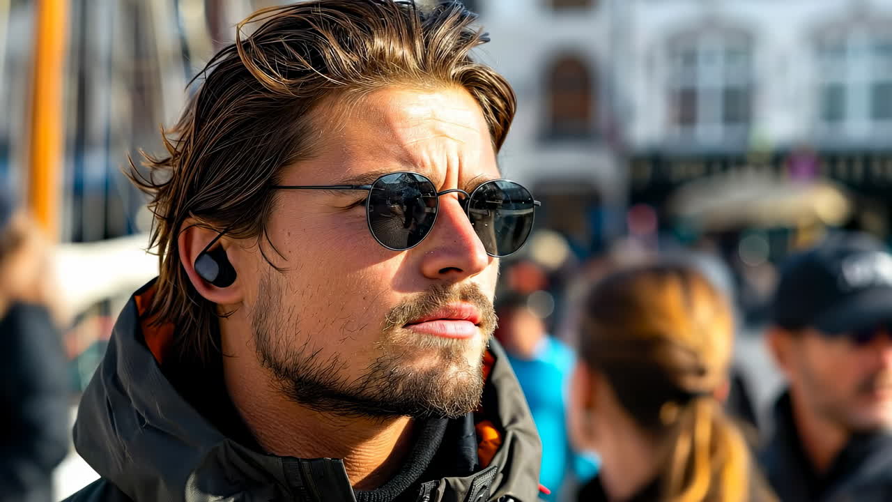 Man wearing sunglasses at a waterfront. A young man with a stylish haircut and sunglasses stands near a busy waterfront, enjoying the sunny day