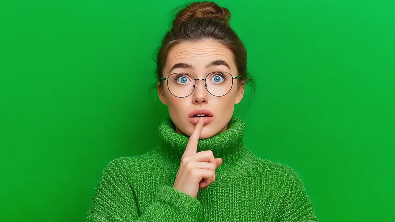 A Young Woman in a Cozy Green Sweater with Round Glasses Expresses Surprise and Curiosity Against a Vivid Green Backdrop