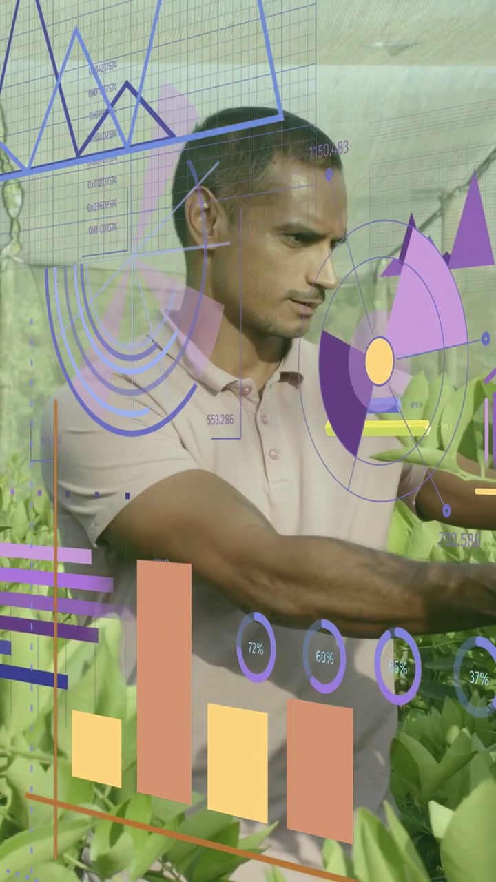 Vertical video: Field inspector scanning plants and picking pods, AR charts updating for farming