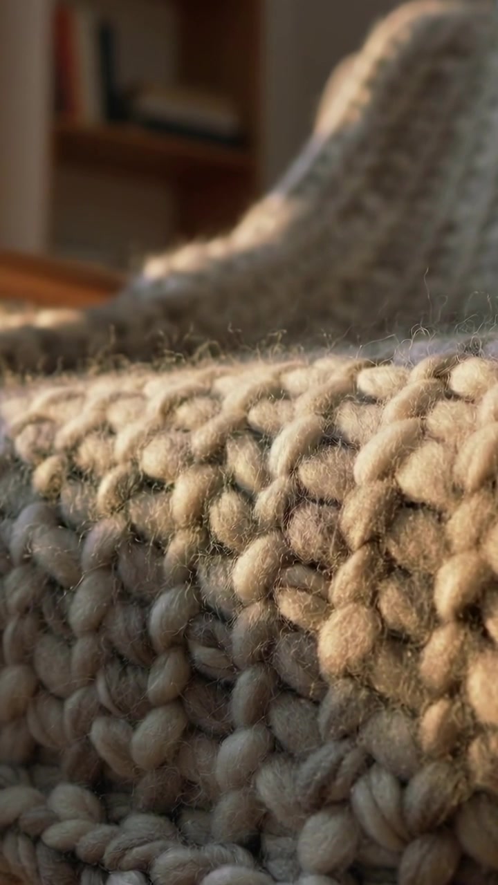 Vertical video: Camera shifting focus, highlighting chunky knitted blanket at home, showing texture