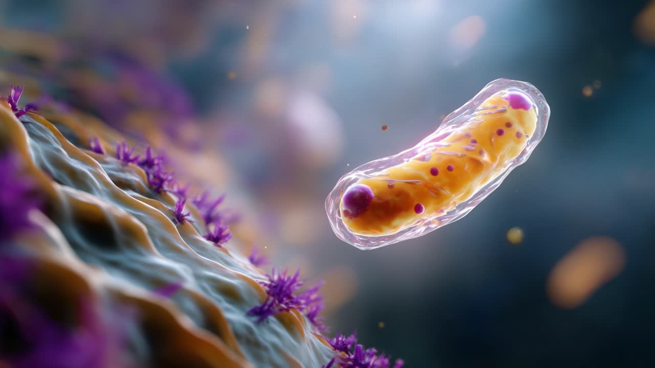 Exploring the Microscopic World: Vibrant and Detailed Visualization of a Bacterium Hovering Amidst Cellular Structures in a Stunning Microenvironment