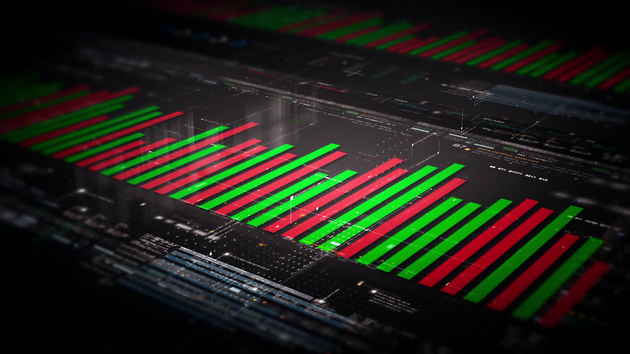 Forretningsbørs, handel, infografik med animerede grafer, diagrammer og data for indsigt og analyse, vist på en skærm til et mockup-tema for et forretningsmøde
