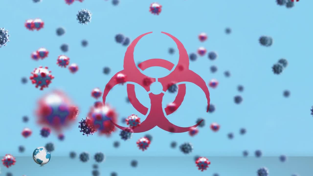 animación de células de covid 19 volando sobre advertencia cantar y texto de noticias falsas