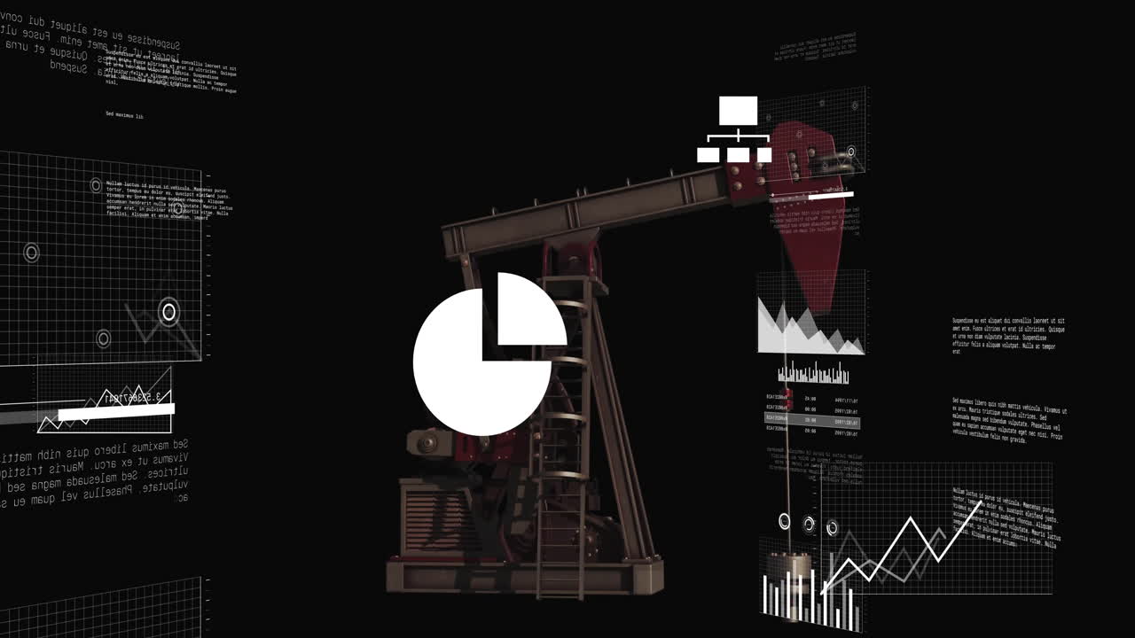 Animation of oil pumpjack with data charts in black background for school use