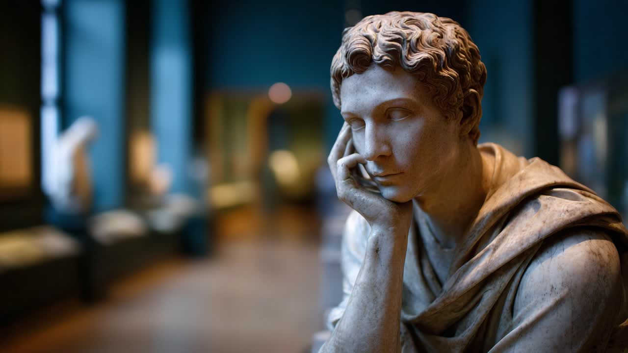 Splendida Scultura in Marmo che Riflette un Profondo Pensiero in un Contesto Museale Contemporaneo, Mettendo in Mostra l'Artigianato Artistico e la Risonanza Emotiva Attraverso un Design Classico