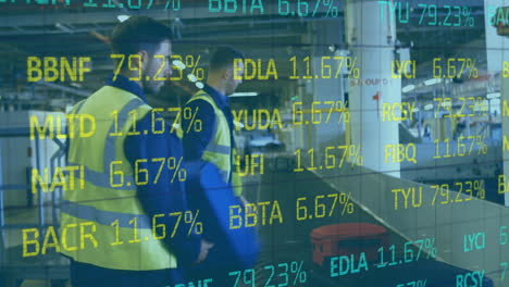 animation of data processing on grid over two airport workers putting suitcases