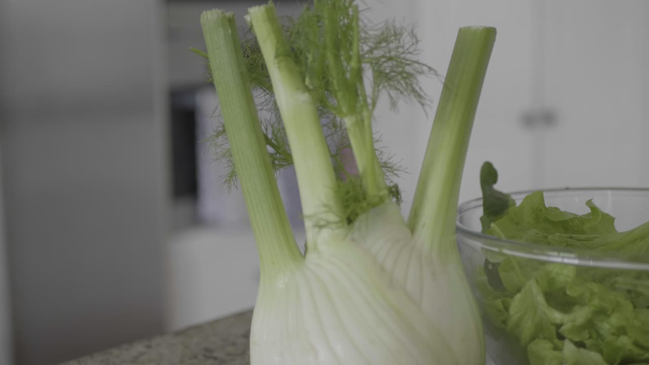 Closeup and tilt down revealing a fresh fennel in a kitchen for cooking