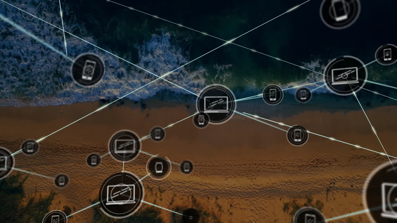 red de conexiones y procesamiento de datos animación sobre vista aérea de la playa
