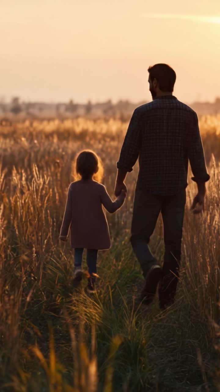 A Heartwarming Sunset Walk: A Father and Daughter Strolling Through a Golden Field, Hand in Hand, Embracing Nature's Beauty and Bonding Moments